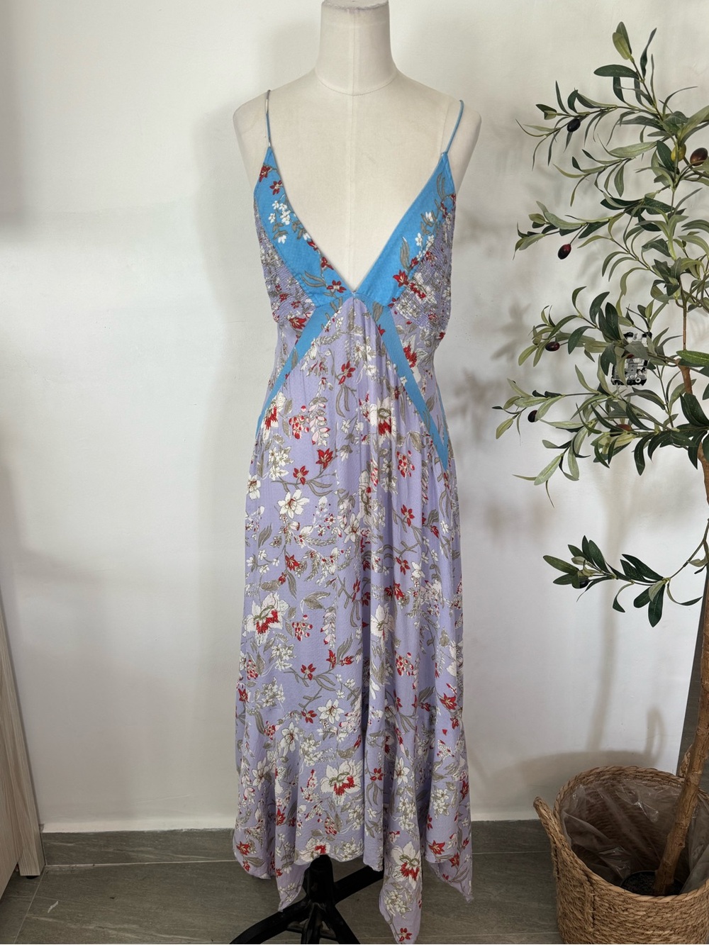 Free People XS Floral Handkerchief Maxi Floral  Dress Purple Blue Boho